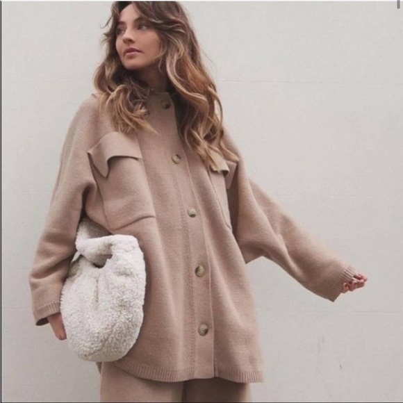 Zara Beige Oversized Knit Button Down Shacket Relaxed Sleeves - Picture 1 of 10